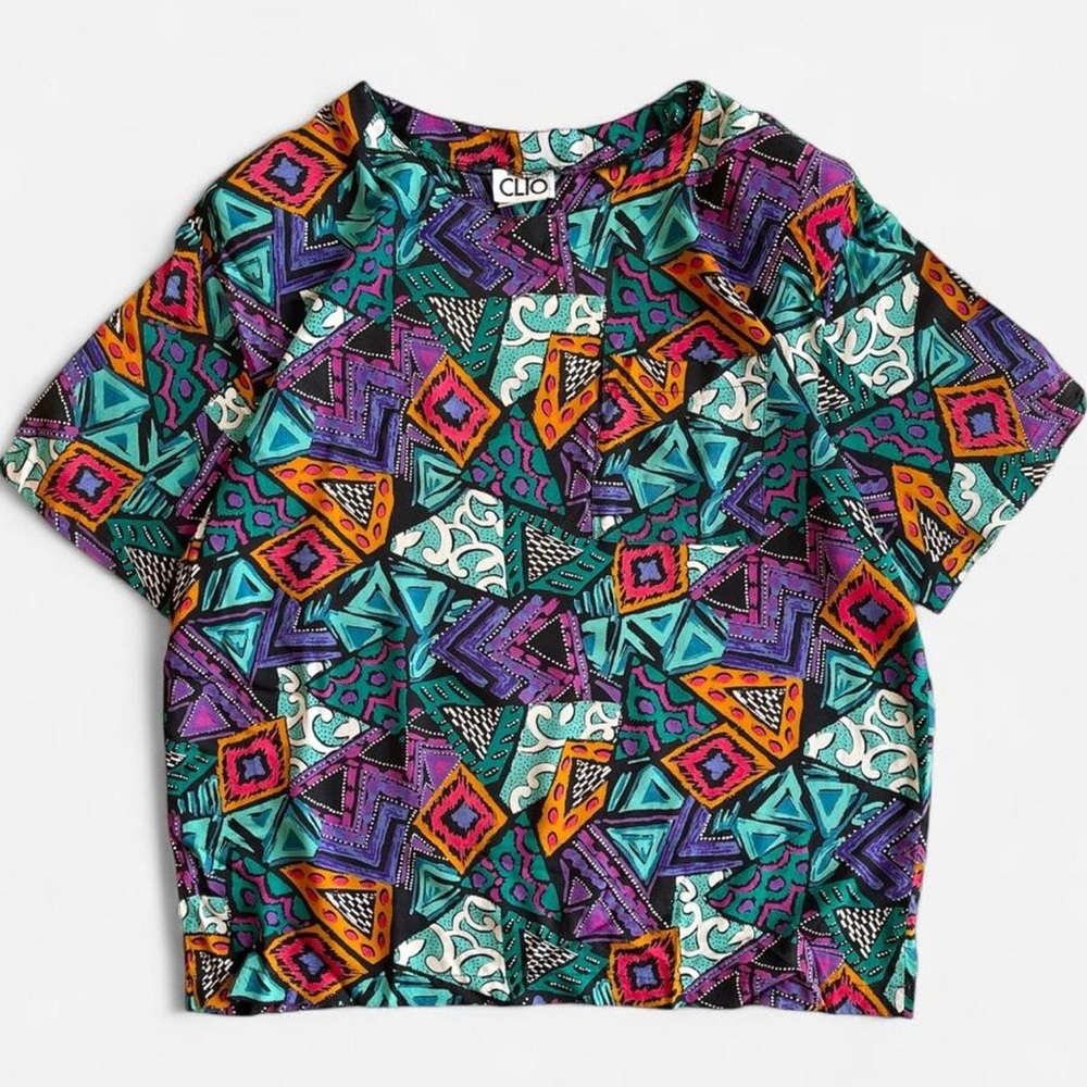 Vintage 80s CLIO Colorful Funky Geometric Print Blouse Shirt With Pocket